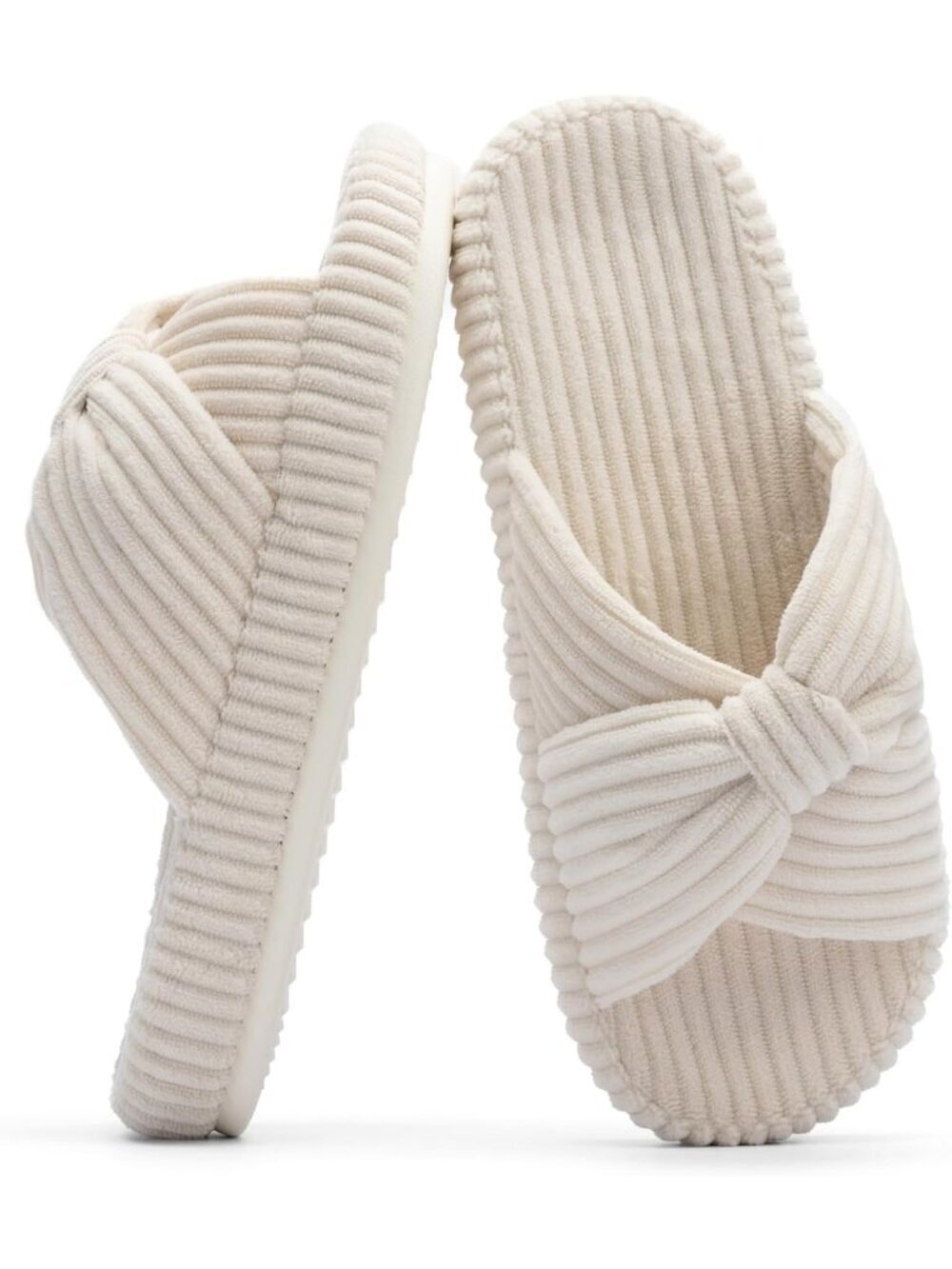 Women's Beige Memory Foam House Corduroy Bow Crossbands Comfy Soft Slipper Shoes